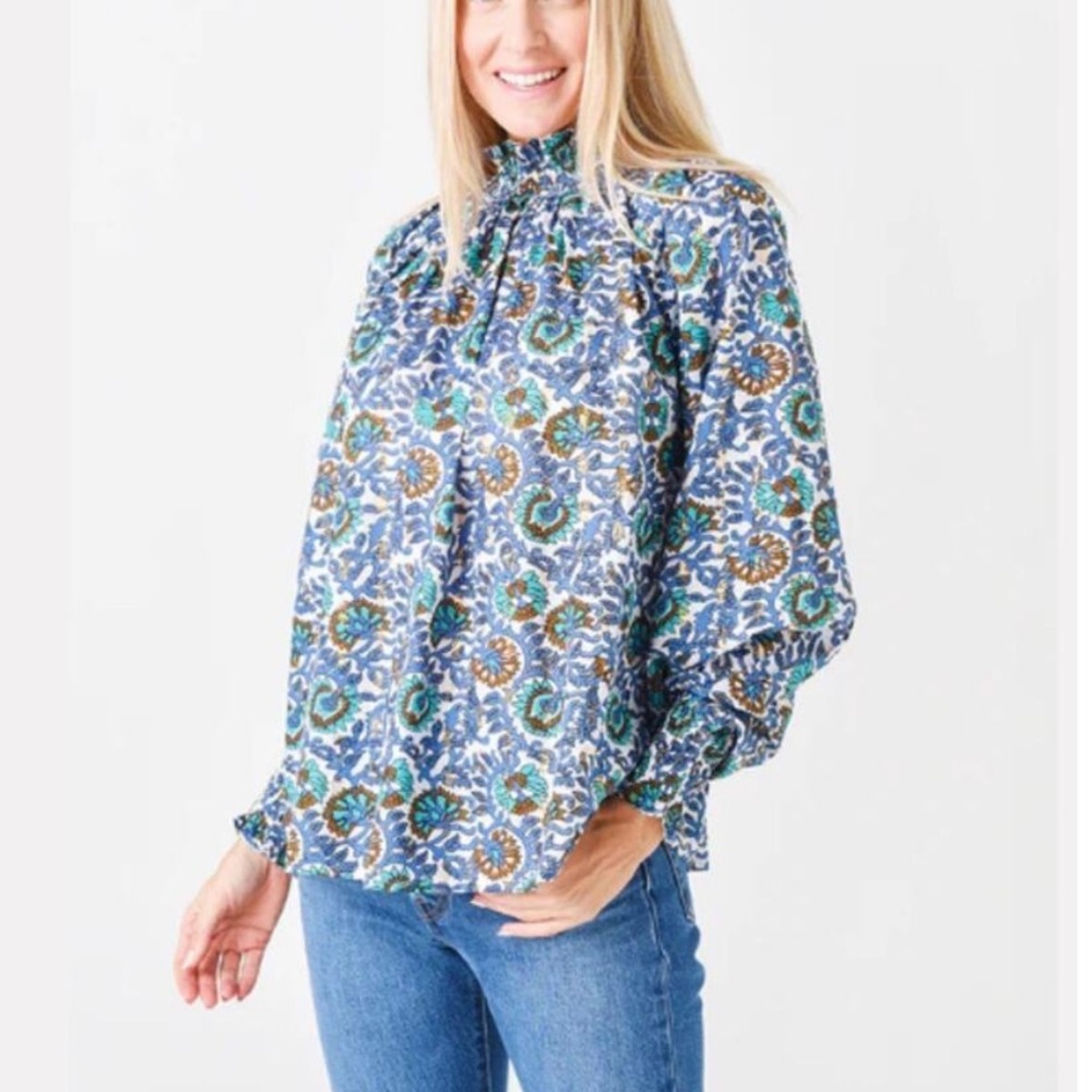 Oliphant Paisley Print High Neck Blouse in Blue Napa Gold